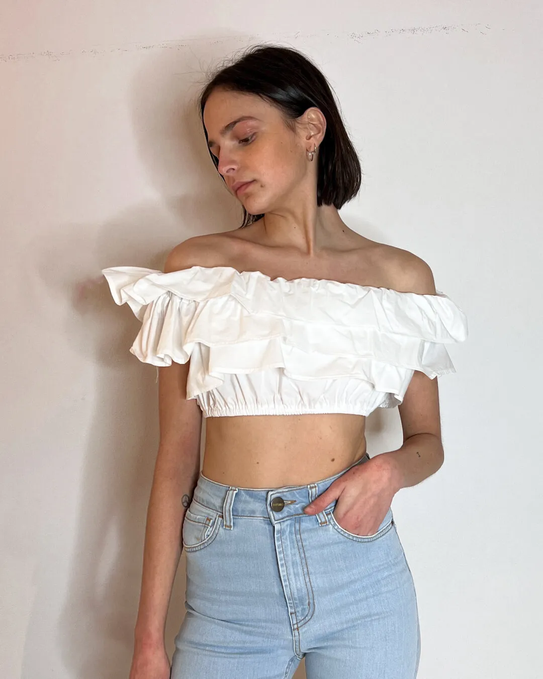 -CROP TOP IN COTONE A BALZE BIANCO