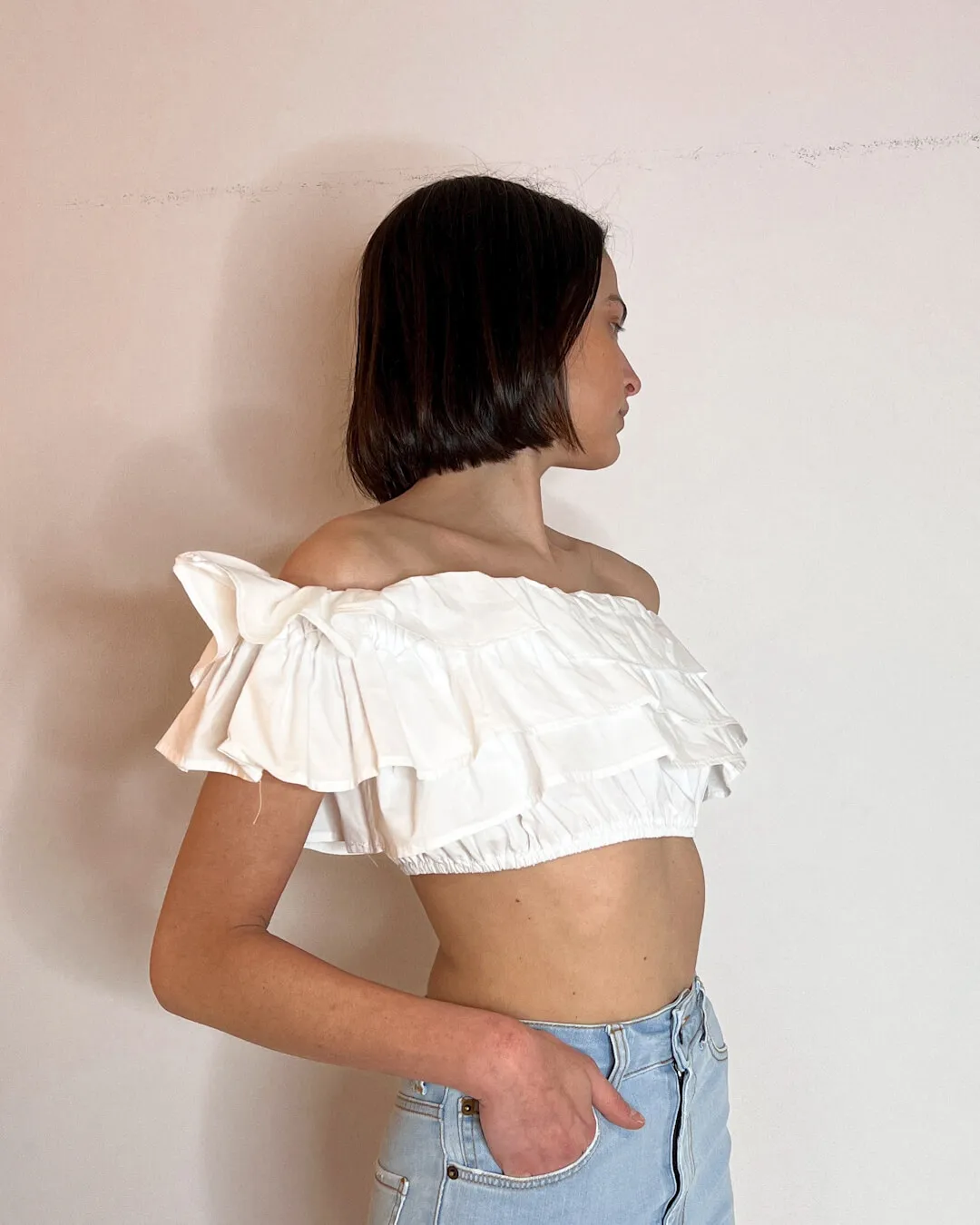 -CROP TOP IN COTONE A BALZE BIANCO